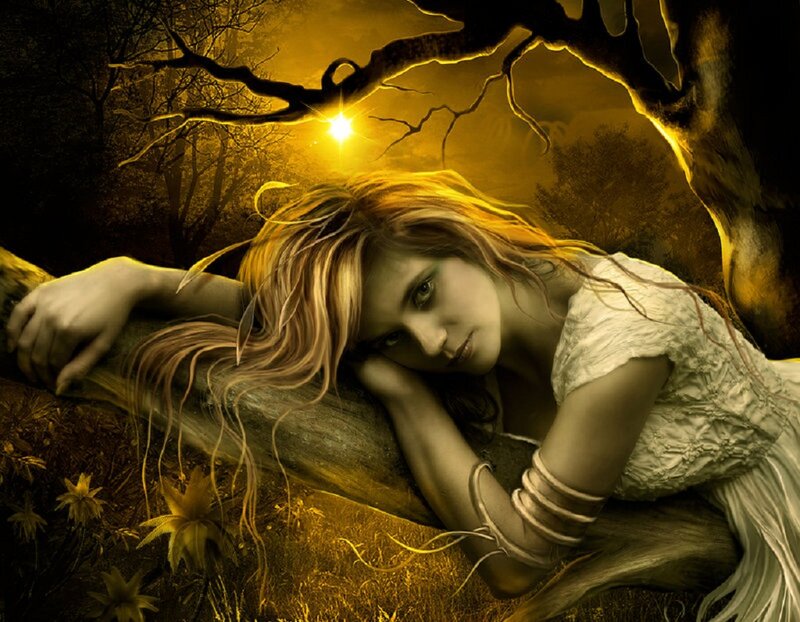 Woman Lying on Log — Yellow
