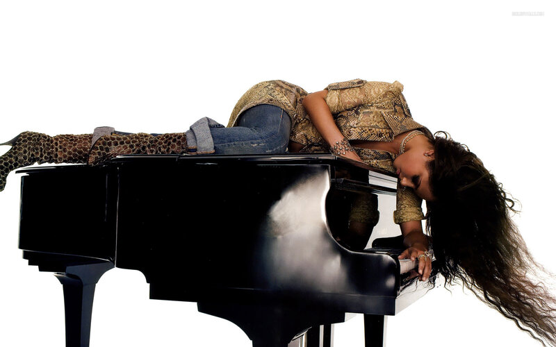 Woman Lying on Piano — Black, Dramatic, Photograph