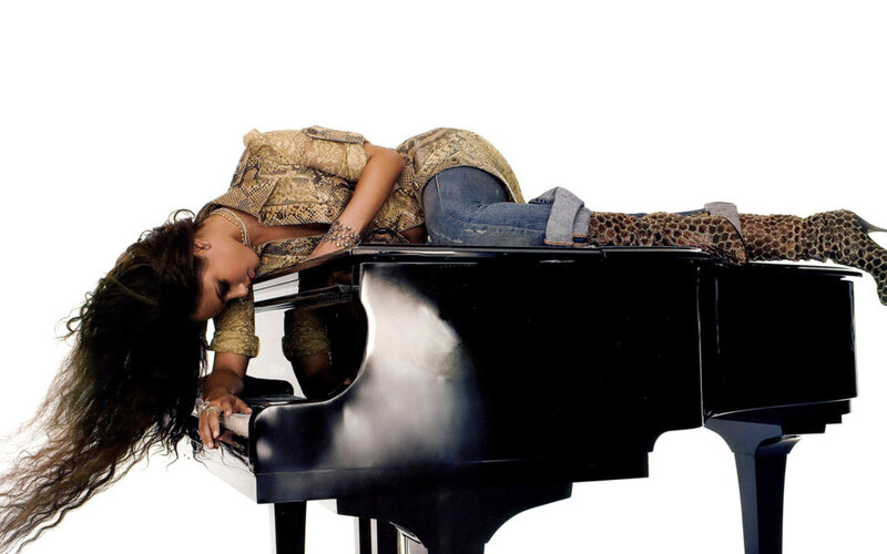 Woman Lying on Piano — Black, Dramatic