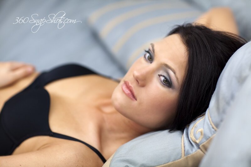 Woman Lying on Pillow — Blue, Calm, Photograph, Black Bra