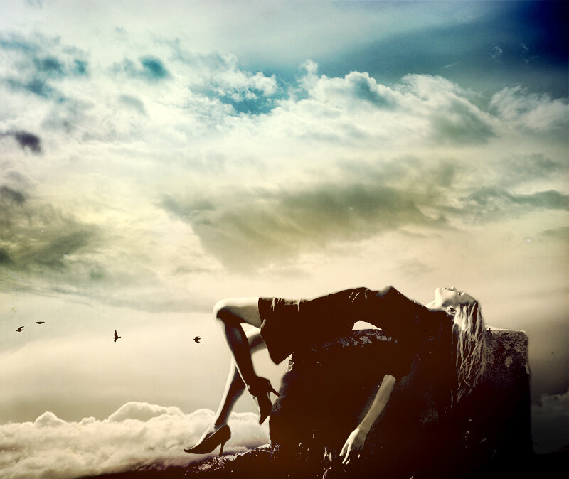 Woman Lying on Rock — Blue, Dramatic, Sunset