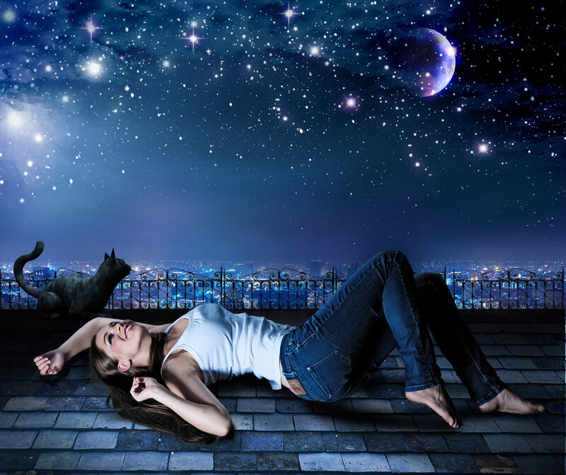 Woman Lying on Rooftop — Blue