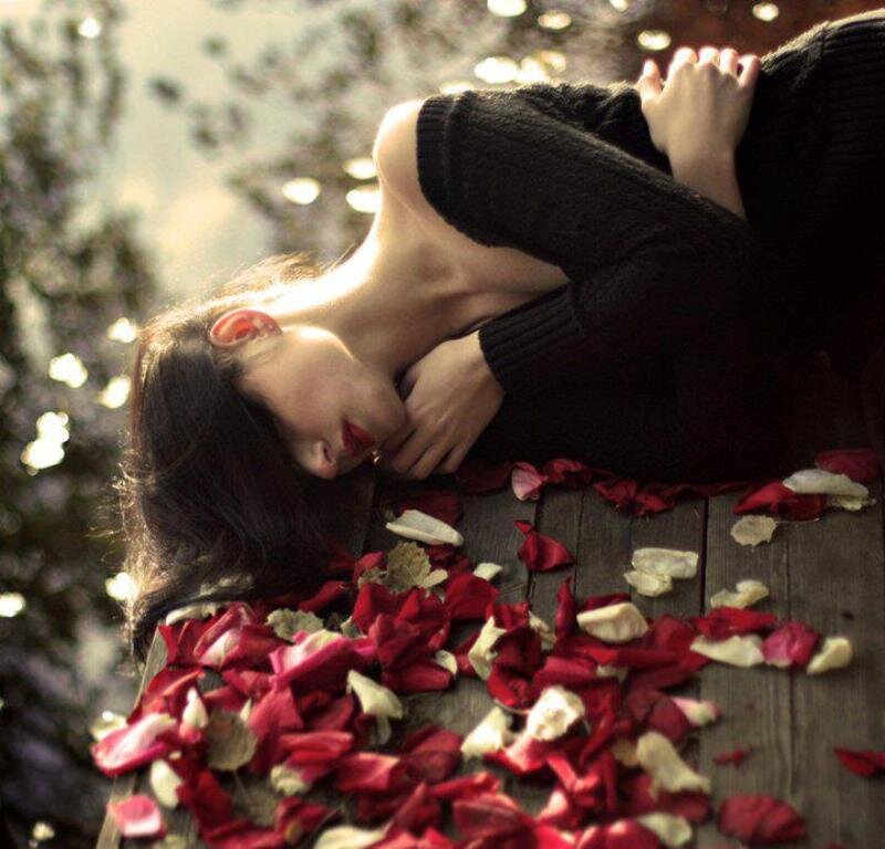 Woman Lying on Rose Petals — Red, Dramatic
