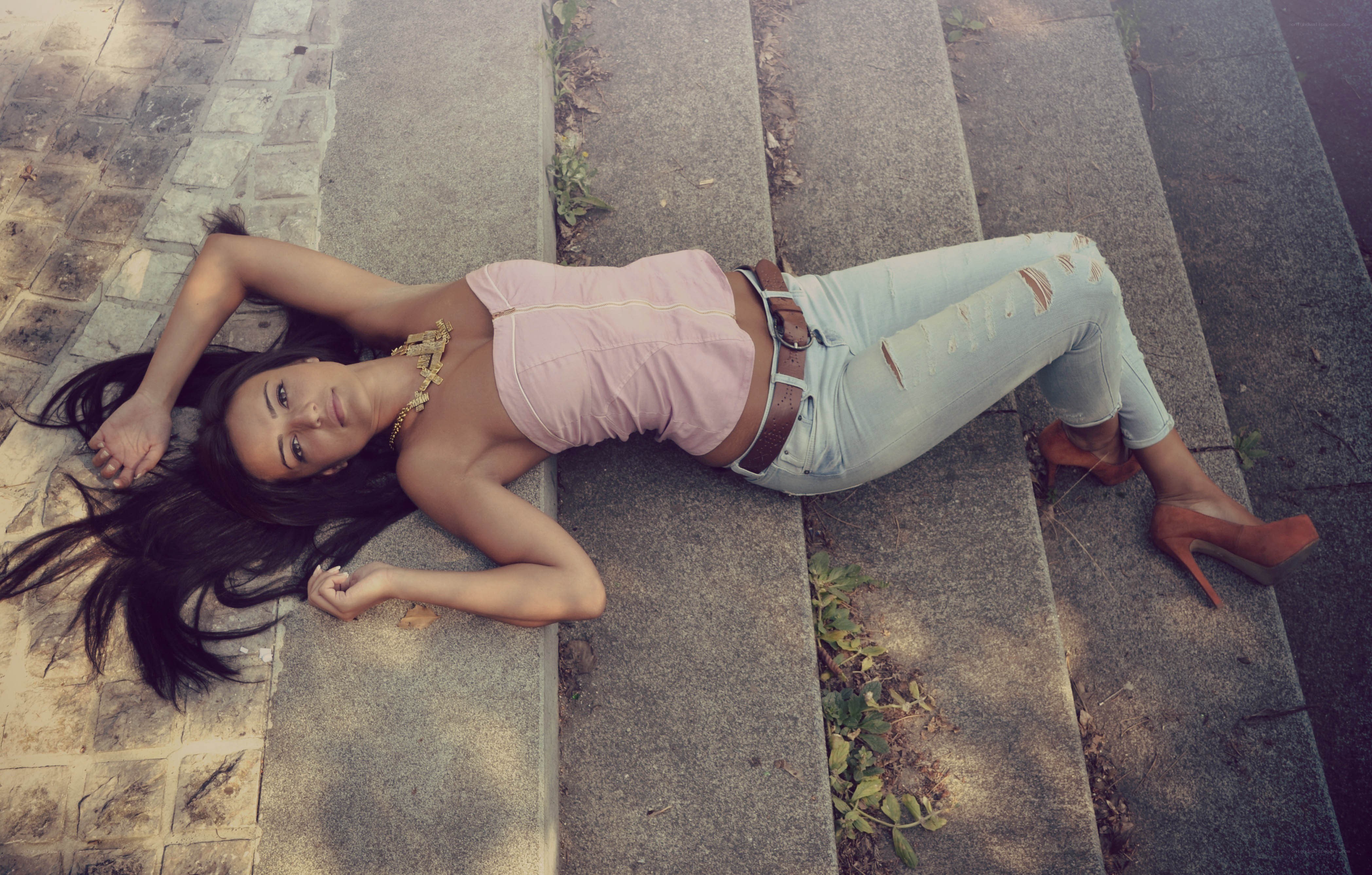 woman lying on stairs