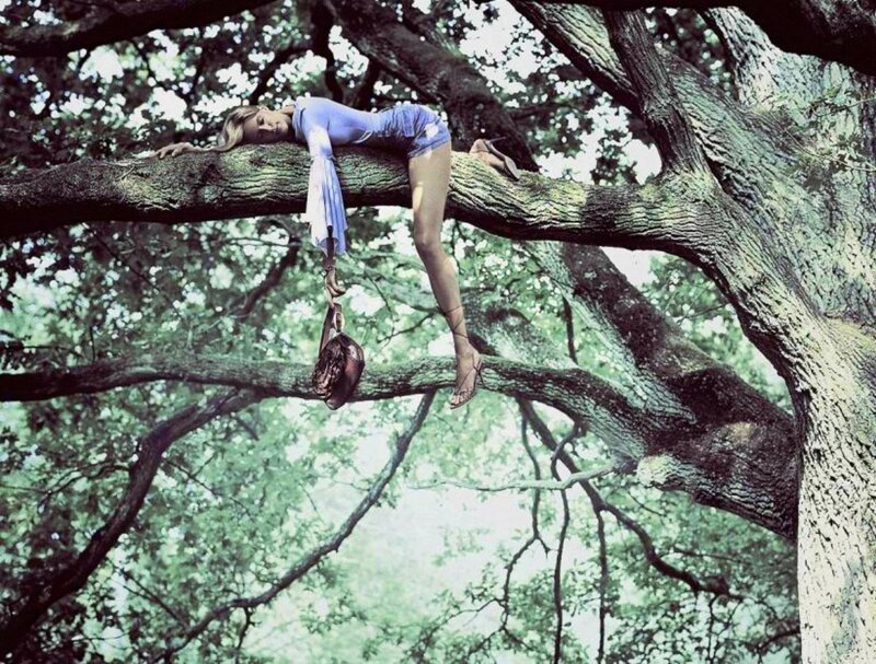 Woman Lying on Tree Branch — Green, Serene