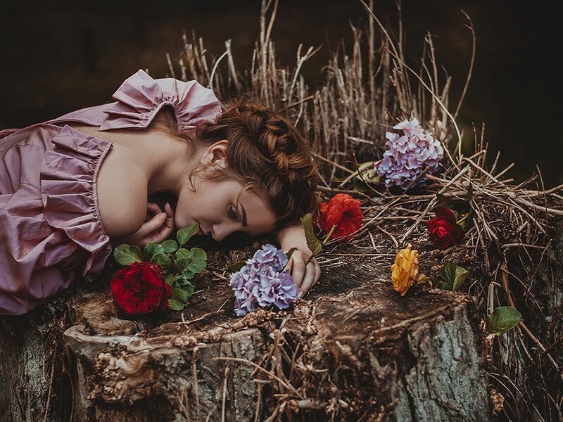 Woman Lying on Tree Stump — Purple