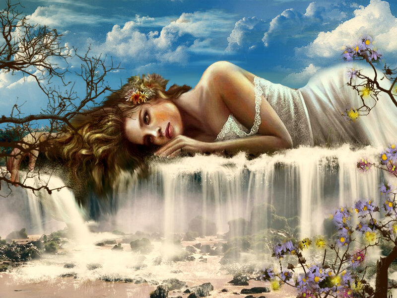 Woman Lying on Waterfall — Blue, Serene