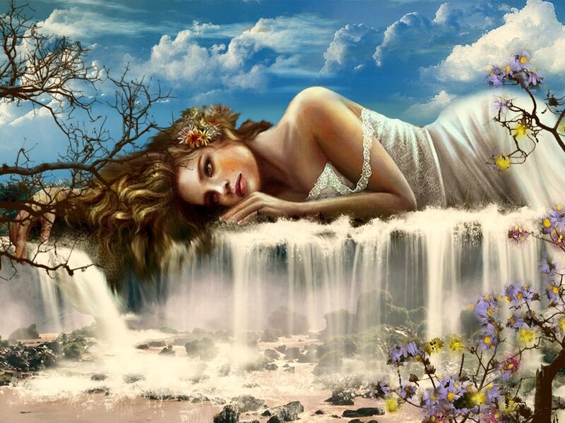 Woman Lying on Waterfall — Blue