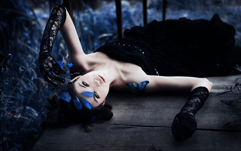 Woman Lying on Wooden Surface — Black, Dramatic, Night