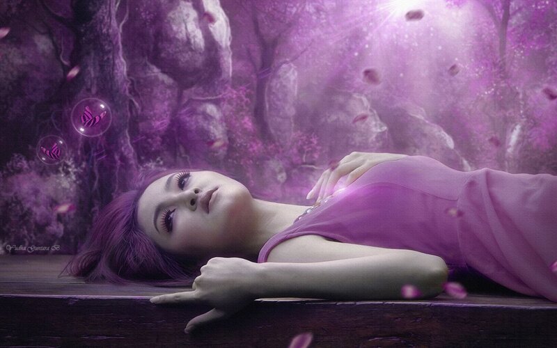 Woman Lying on Wooden Surface — Purple