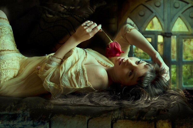 Woman Lying with Rose — Yellow, Dramatic