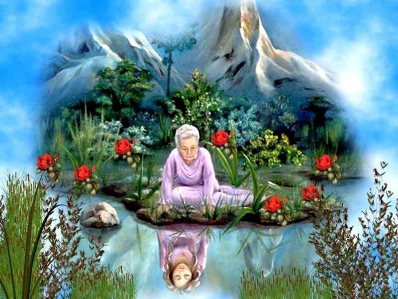 Woman meditating by a pond