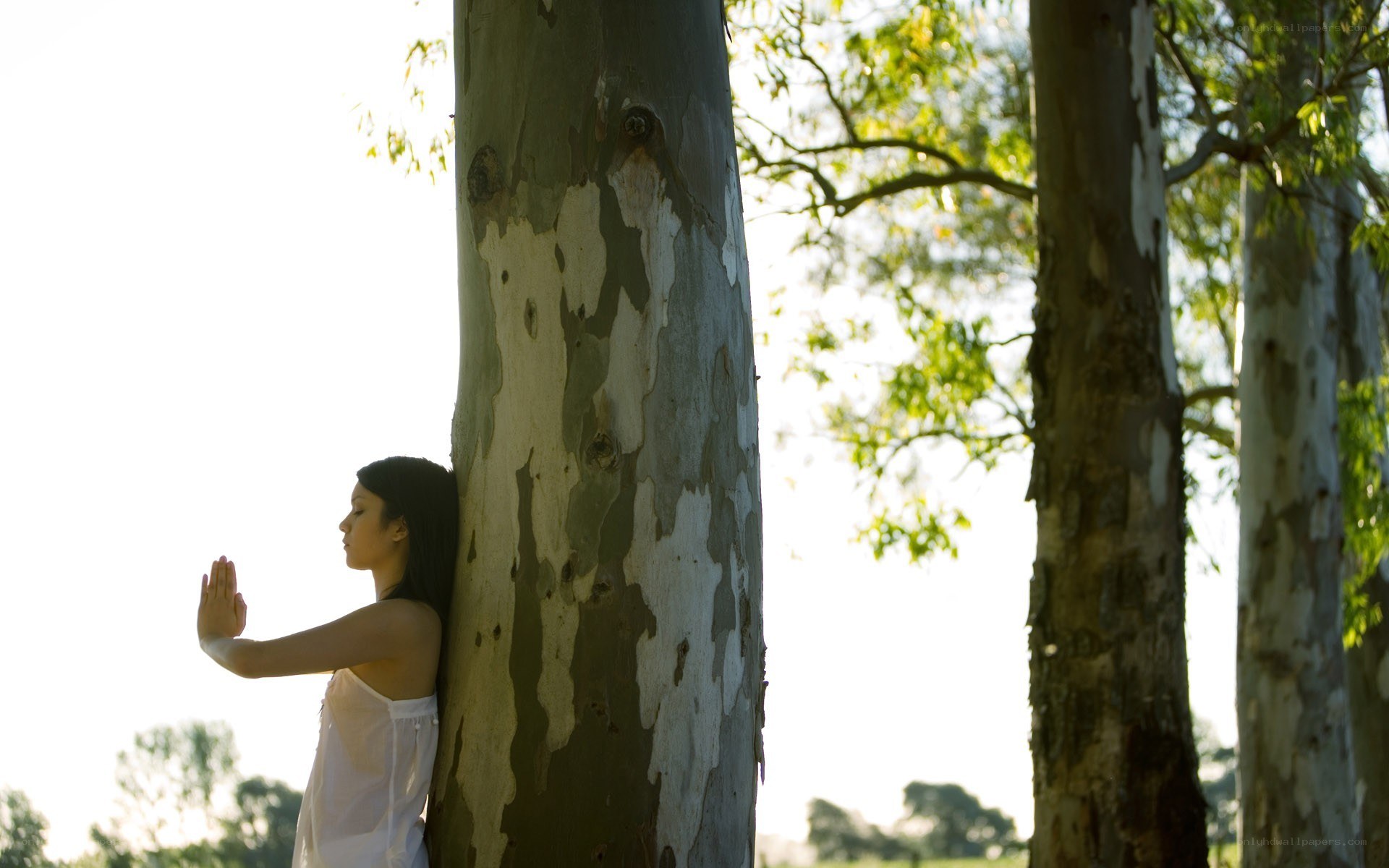 woman meditating by a tree