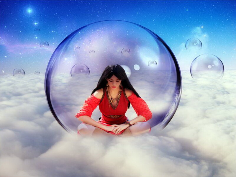 Woman Meditating in Bubble — Blue