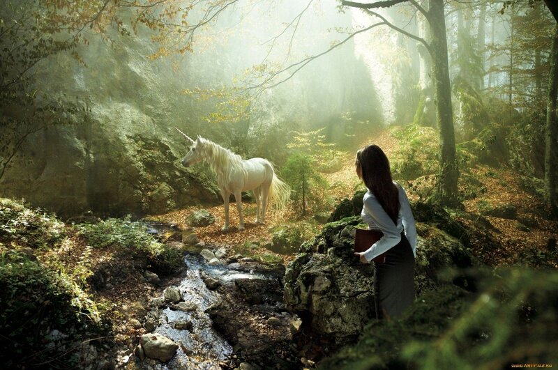 Woman meets unicorn in forest