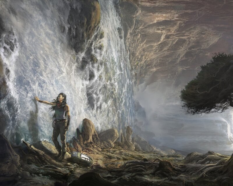 Woman Near Waterfall — Gray