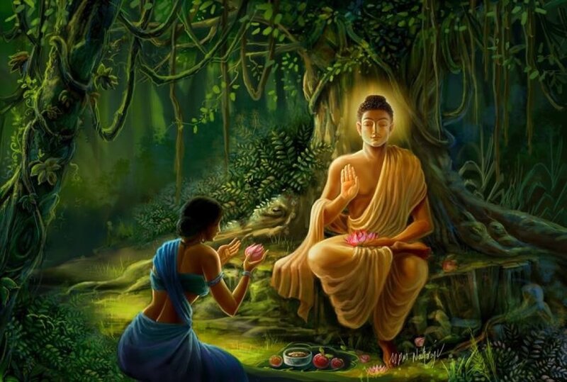Woman Offering Flowers to Buddha
