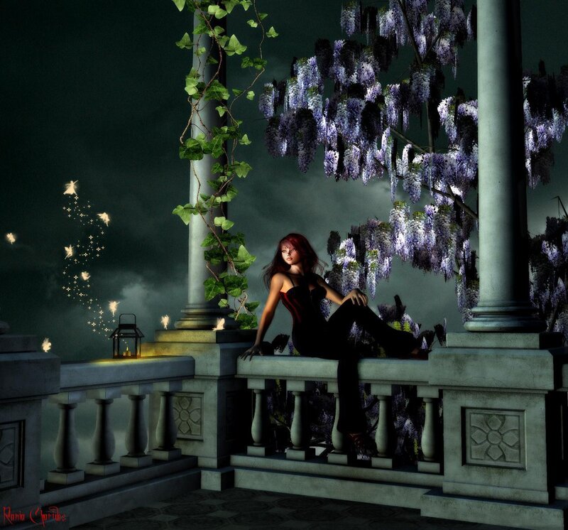 Woman on a balcony at night