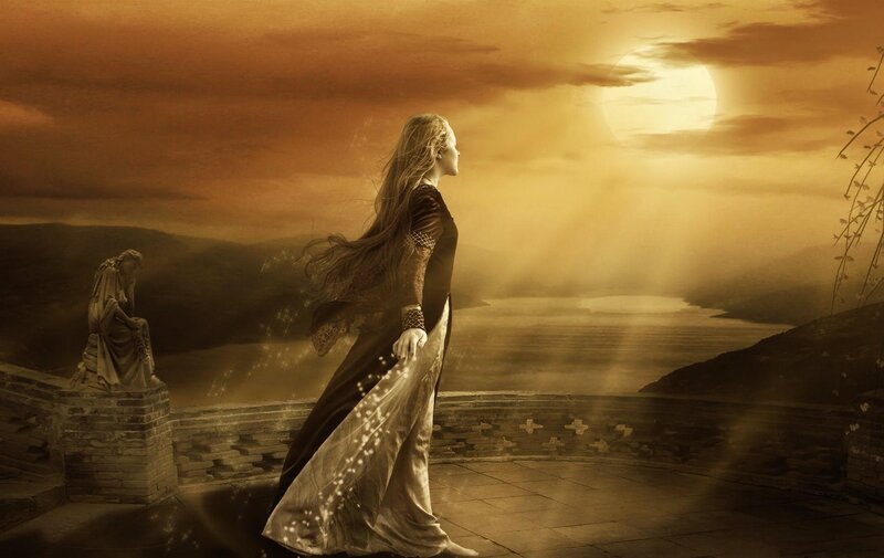 woman on a balcony at sunset