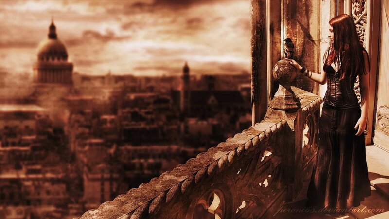 Woman on a Balcony — Brown, Dramatic
