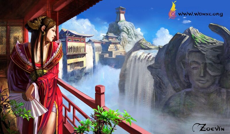 Woman on a balcony overlooking a waterfall