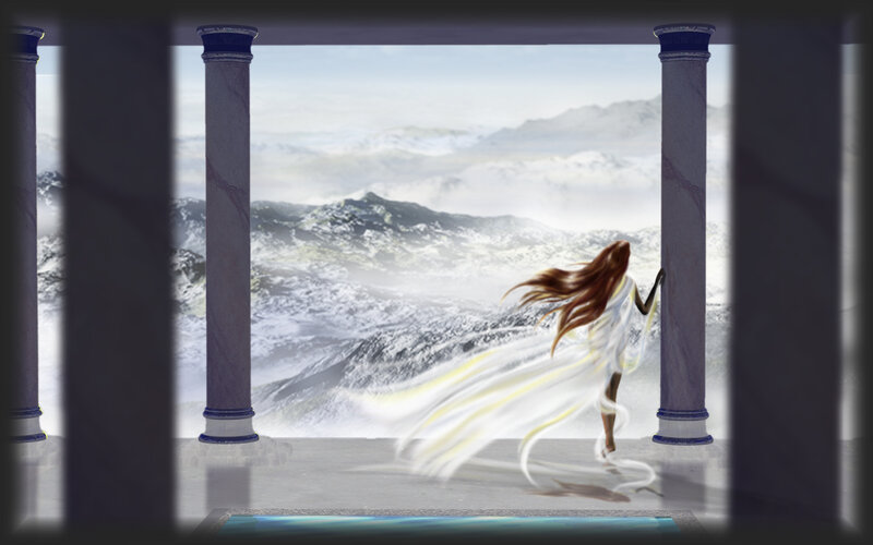 woman on a balcony overlooking mountains