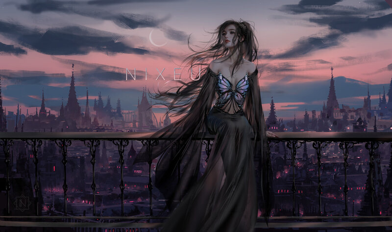 Woman on a Balcony — Purple, Dramatic