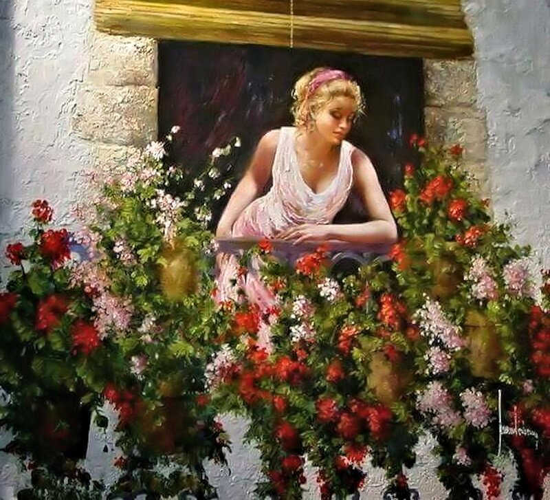 Woman on a Balcony — Red