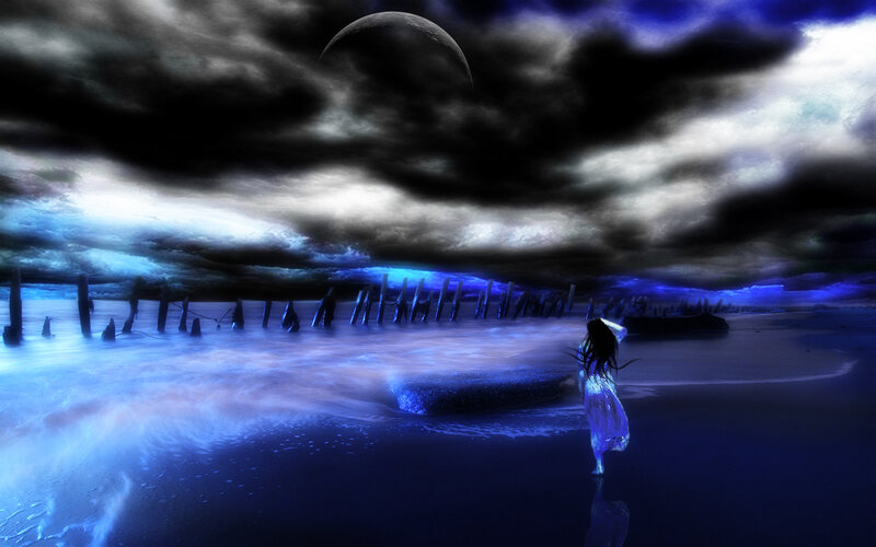 Woman on a Beach — Blue, Dramatic, Night