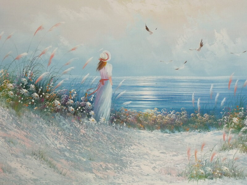 Woman on a Beach — Blue, Serene, Afternoon, Painting