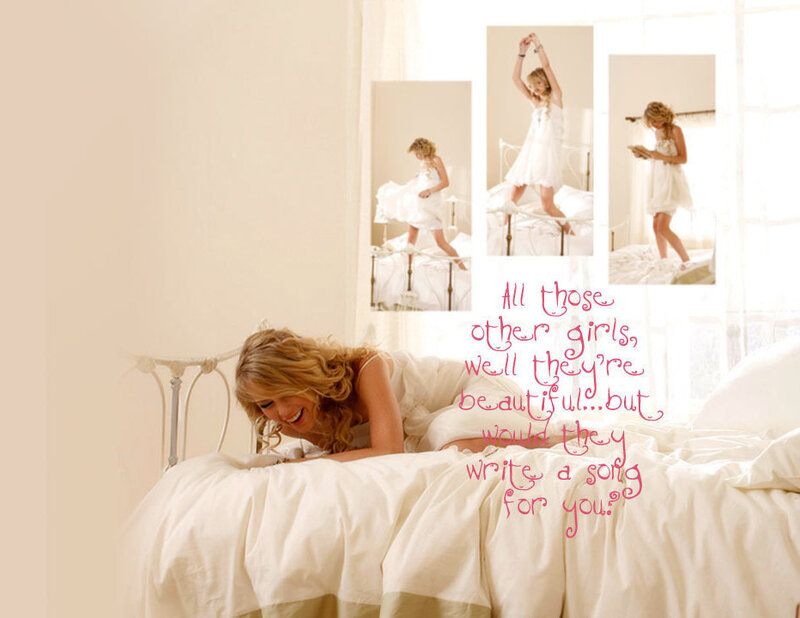 woman on a bed with photos