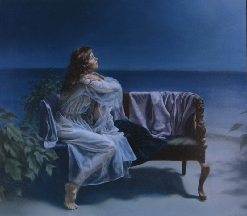 Woman on a bench at night