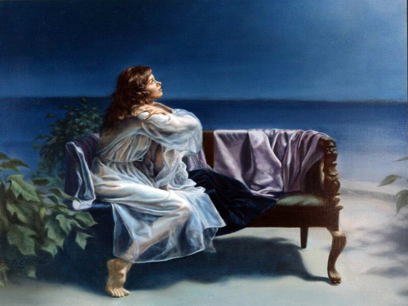 Woman on a Bench — Blue, Serene, Night