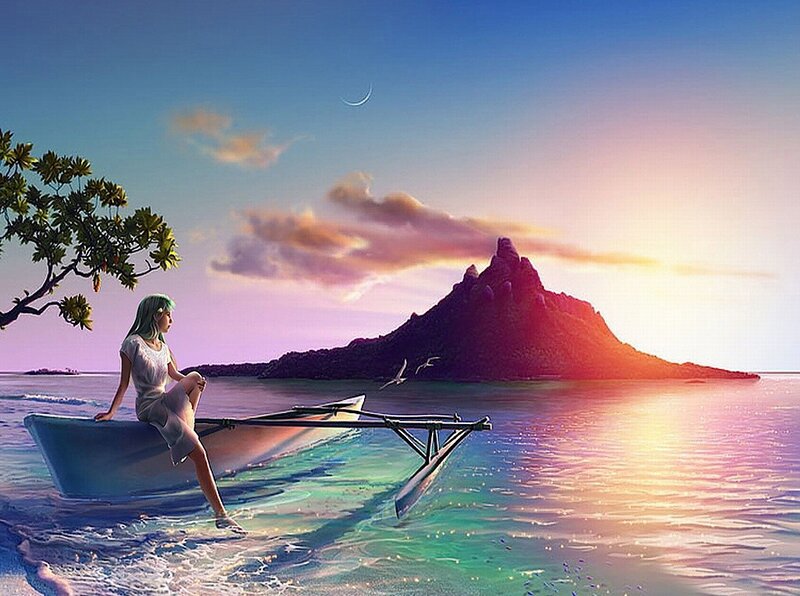 Woman on a boat at sunset