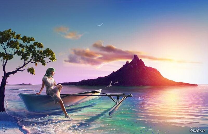 Woman on a boat at sunset