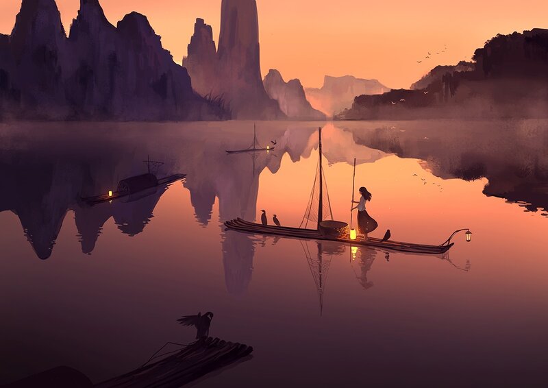 Woman on a Boat — Orange, Serene, Sunset