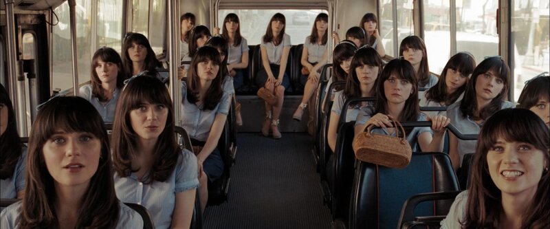 Woman on a bus with clones