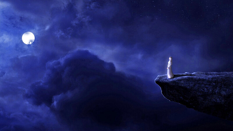 Woman on a Cliff — Blue, Dramatic, Night