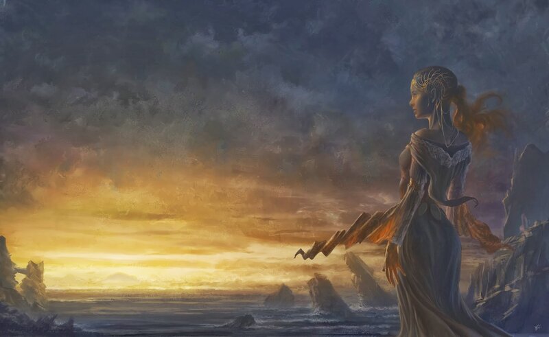 Woman on a Cliff — Blue, Dramatic, Sunset, Digital Art, Ocean