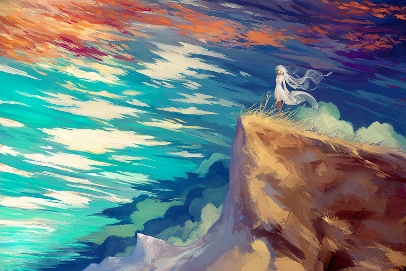 Woman on a Cliff — Blue, Dramatic, Sunset
