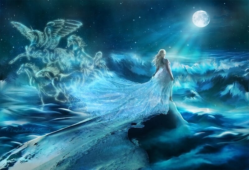 Woman on a Cliff — Blue, Serene, Night