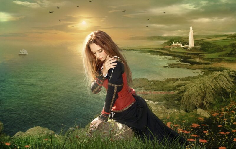 Woman on a Cliff — Green, Dramatic, Sunset