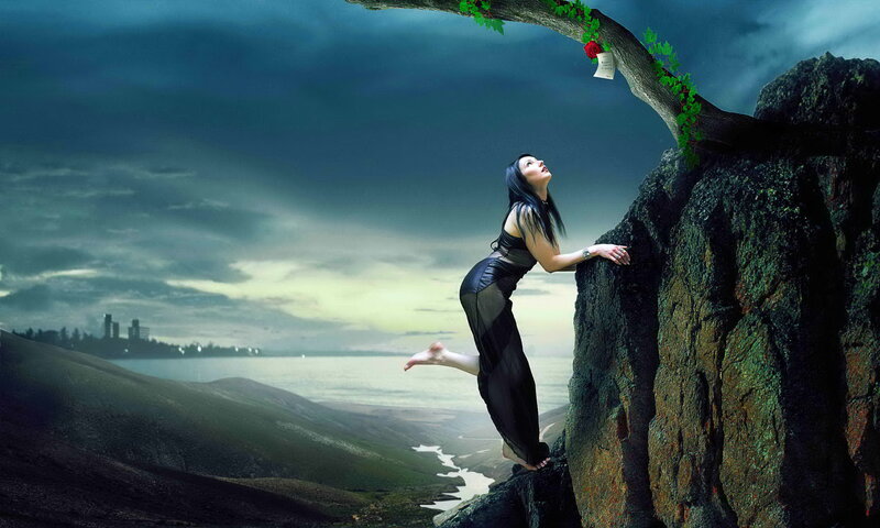 Woman on a Cliff — Green, Dramatic