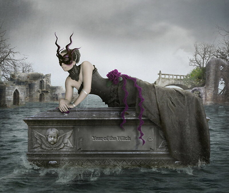 Woman on a coffin in water