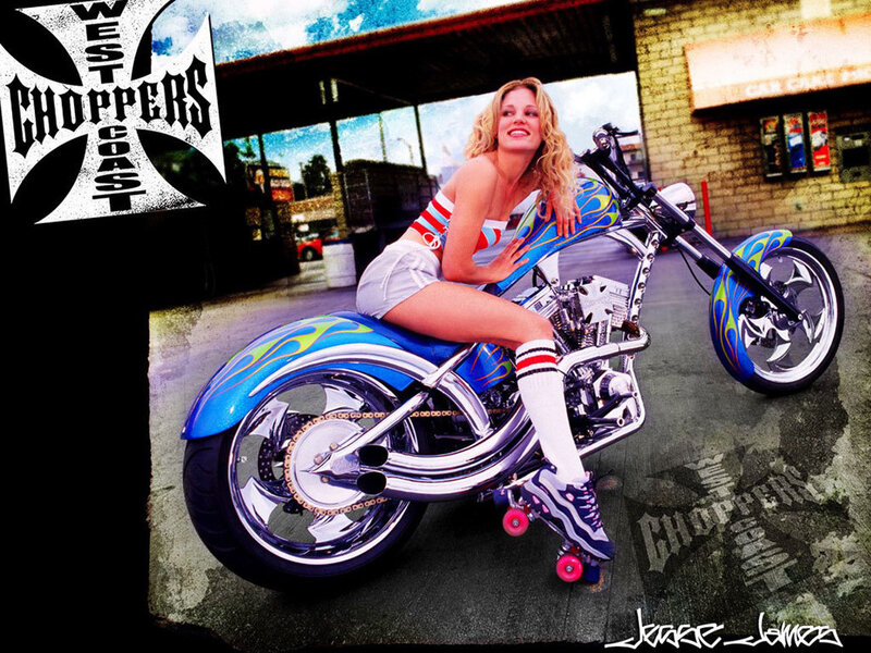 Woman on a custom motorcycle