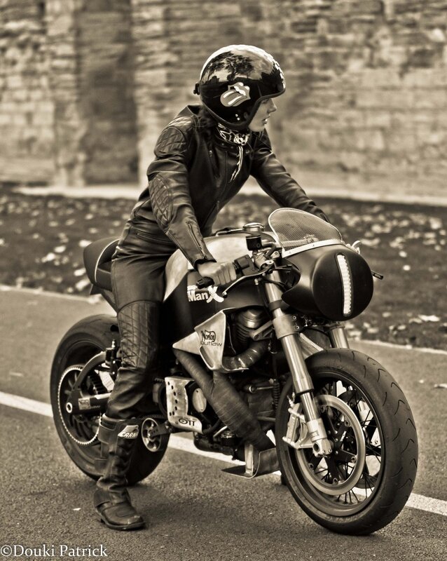 woman on a custom motorcycle