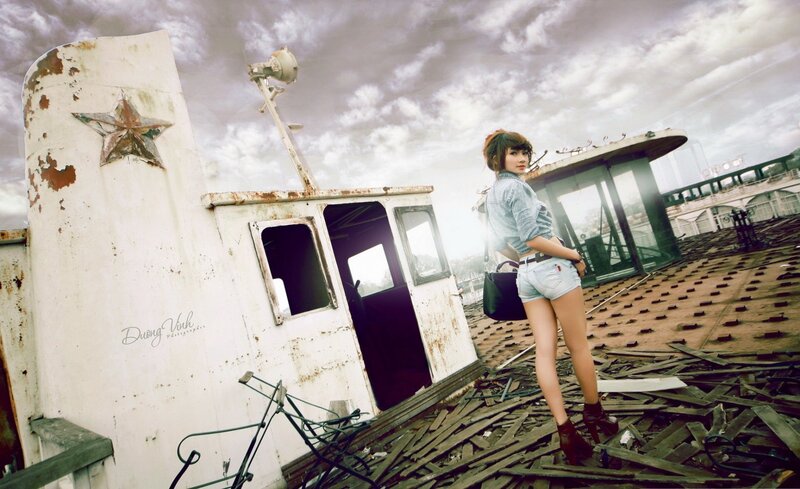 Woman on a derelict boat
