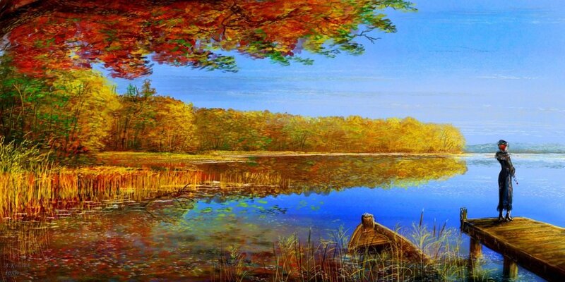 Woman on a Dock — Blue, Serene, Autumn