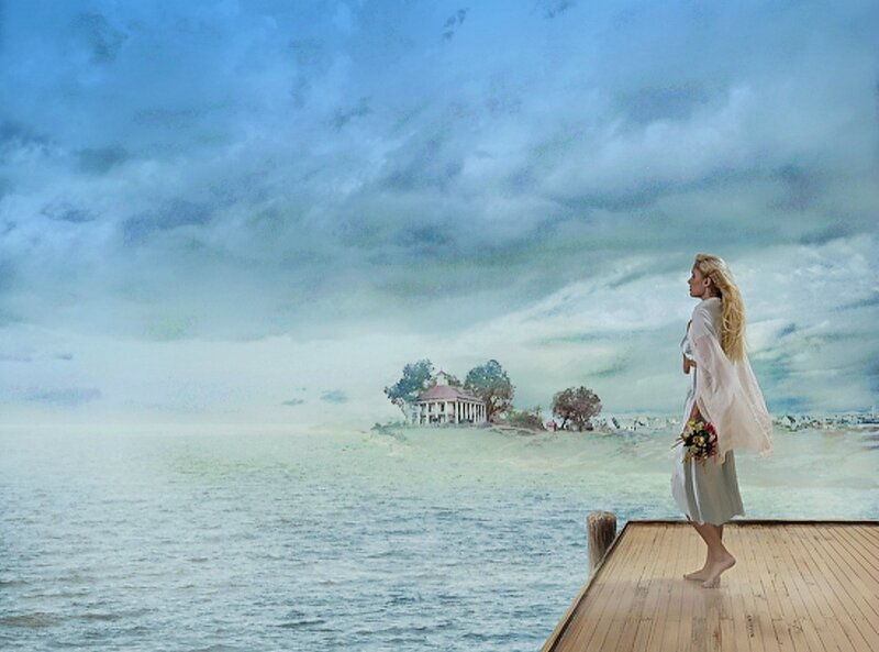 Woman on a Dock — Blue, Serene, Digital Art