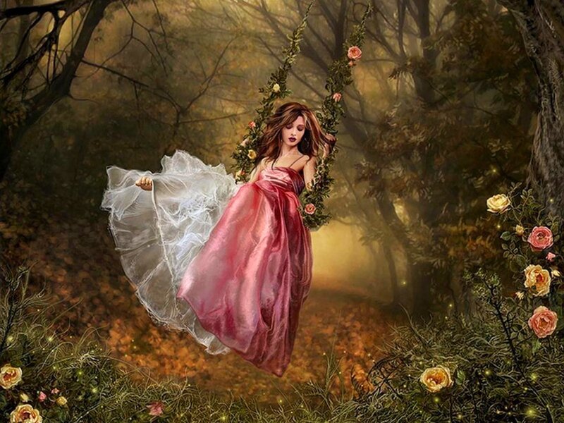 Woman on a floral swing
